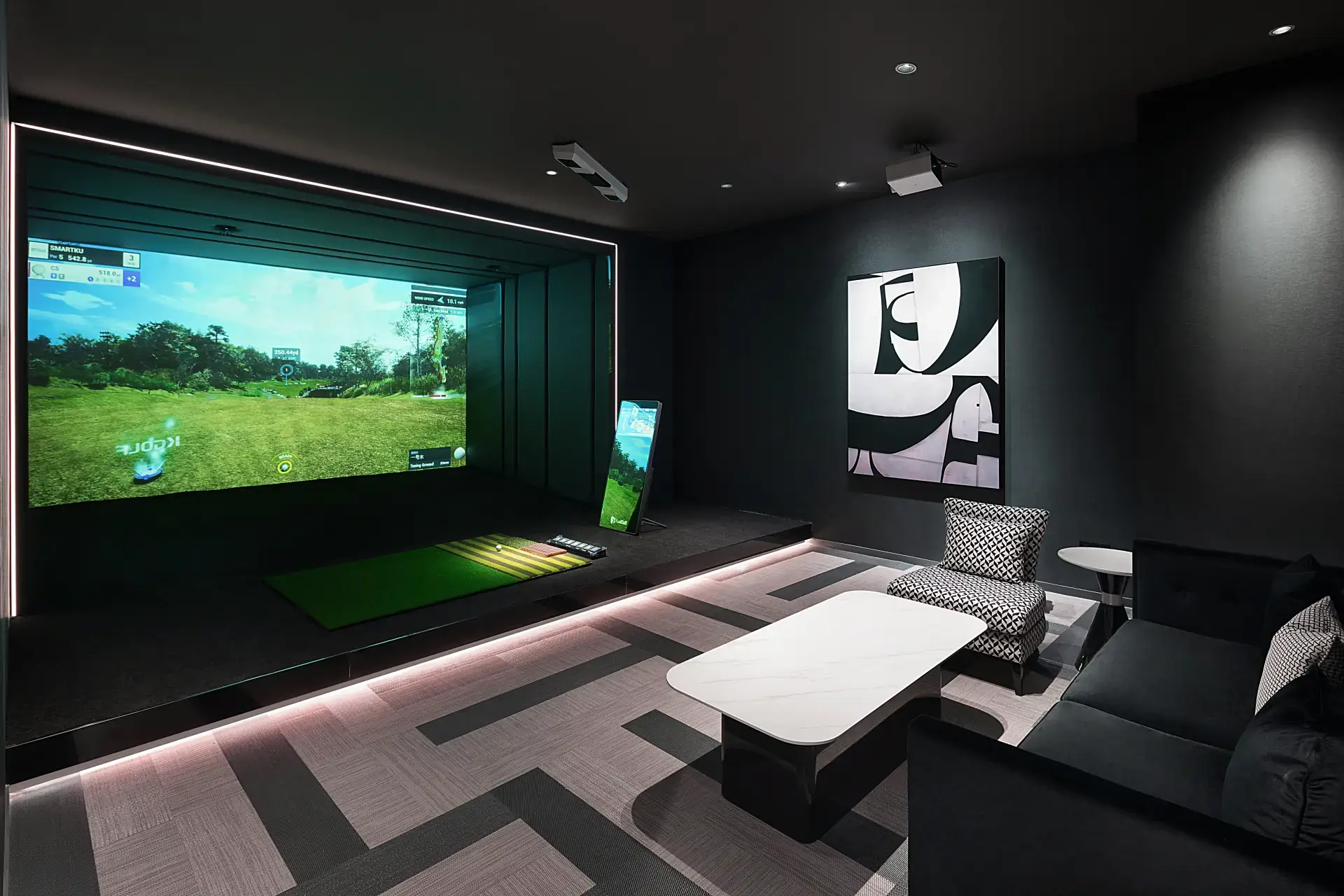 Luxury indoor golf private room with KGOLF simulator for premium training and social gathering