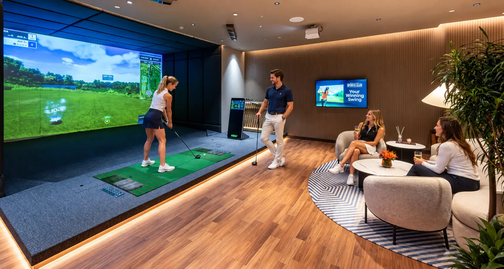 KGOLFのプレミアムインドアゴルフ開業施設でゴルフを楽しむ利用者とラウンジ