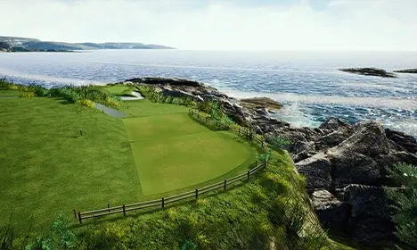 海沿いにフェアウェイが続くKGOLFシミュレーターの海岸コース