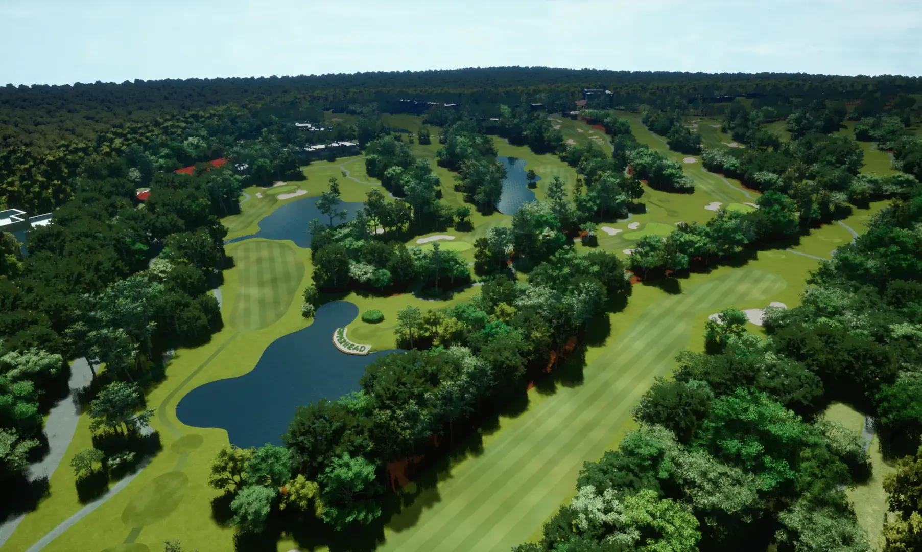 森のフェアウェイとウォーターハザードがあるKGOLFシミュレーターのワールドコース