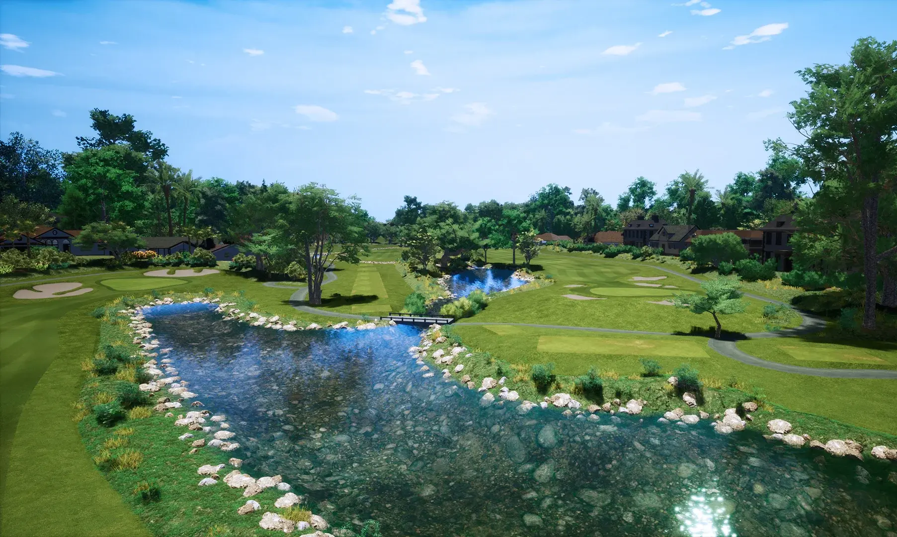 湖と緑の景観が広がるKGOLFシミュレーターのワールドコース
