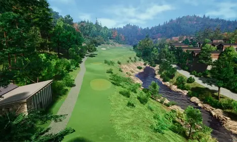 高台のフェアウェイと川が広がるKGOLFシミュレーターの山岳コース