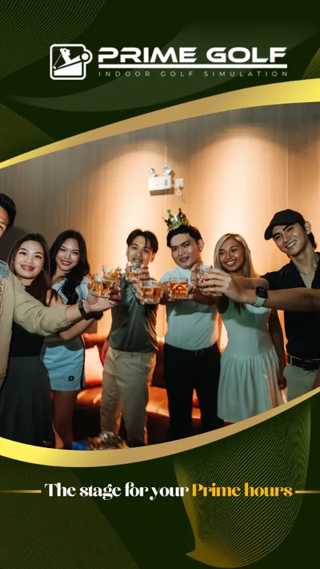 Prime Golf Philippines indoor golf simulation lounge event with guests celebrating at a screen golf venue