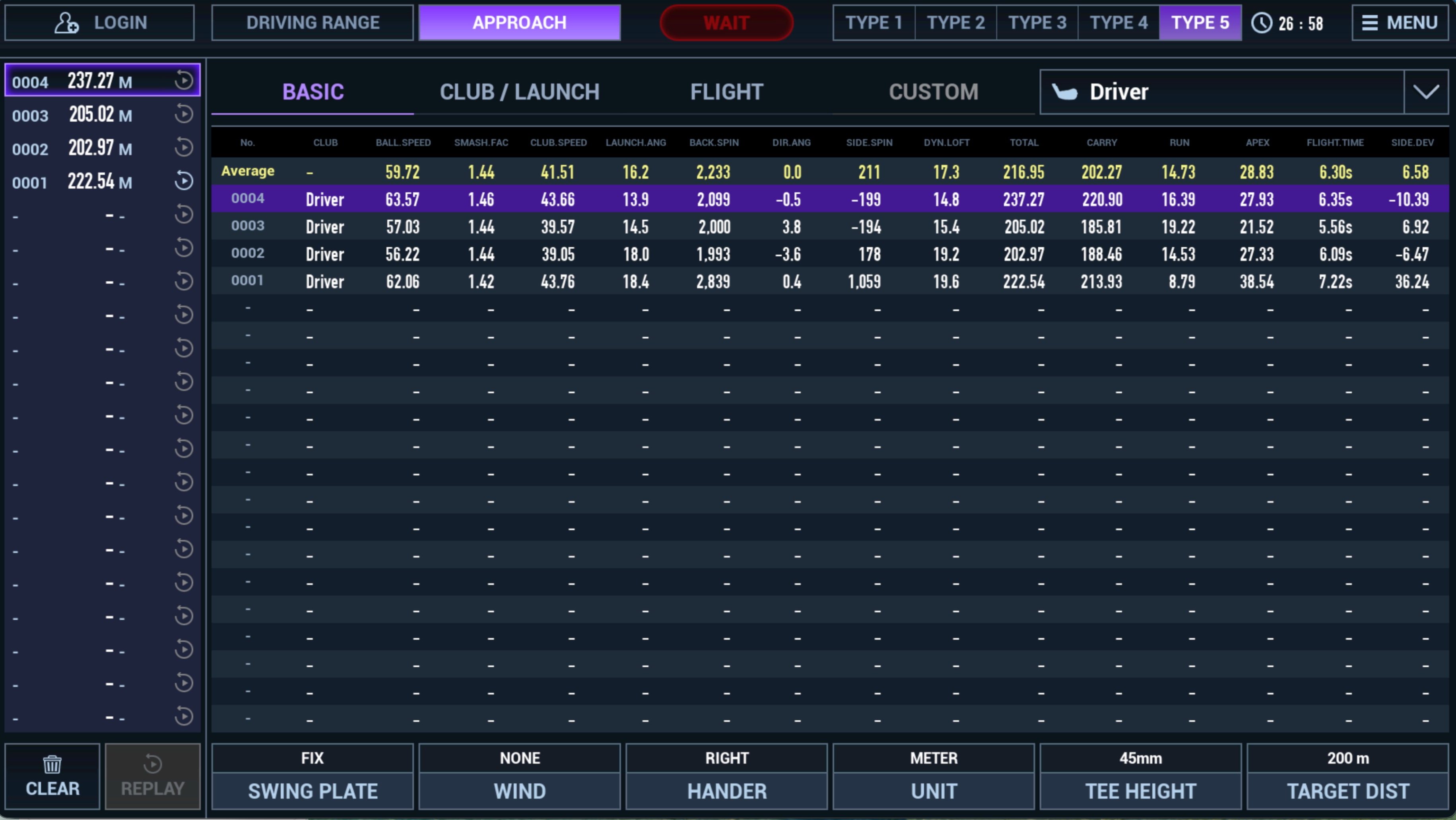 K-GOLF Launch Monitor shot history and average golf performance data
