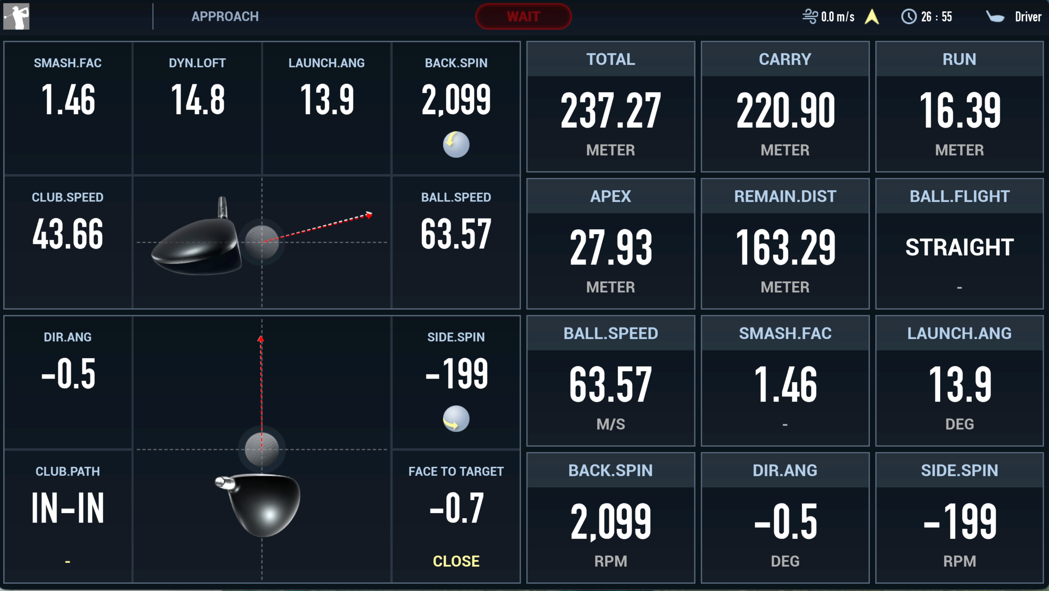 K-GOLF detailed launch monitor data interface for golf shot analysis