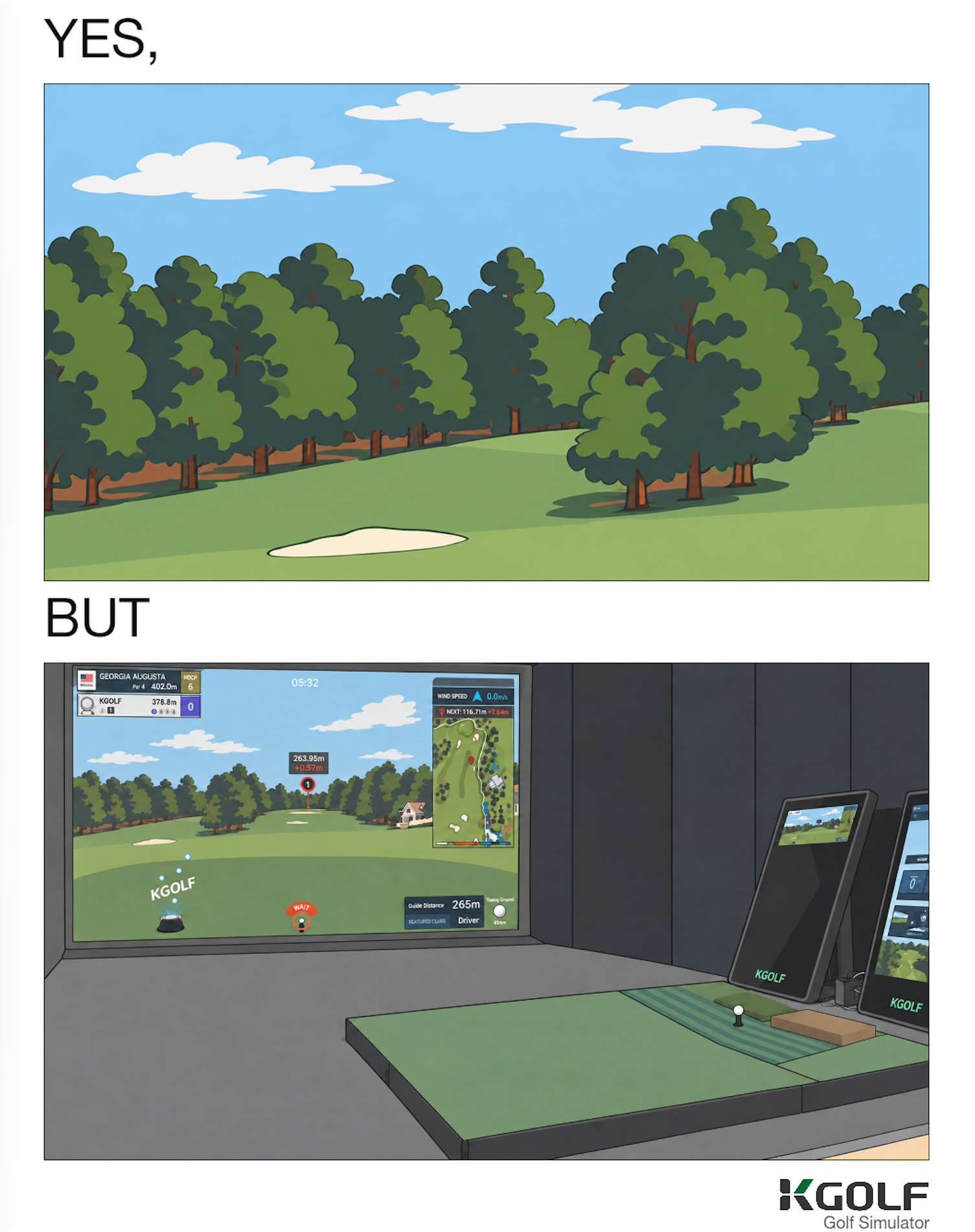Golf course revealed inside a K-GOLF simulator bay.