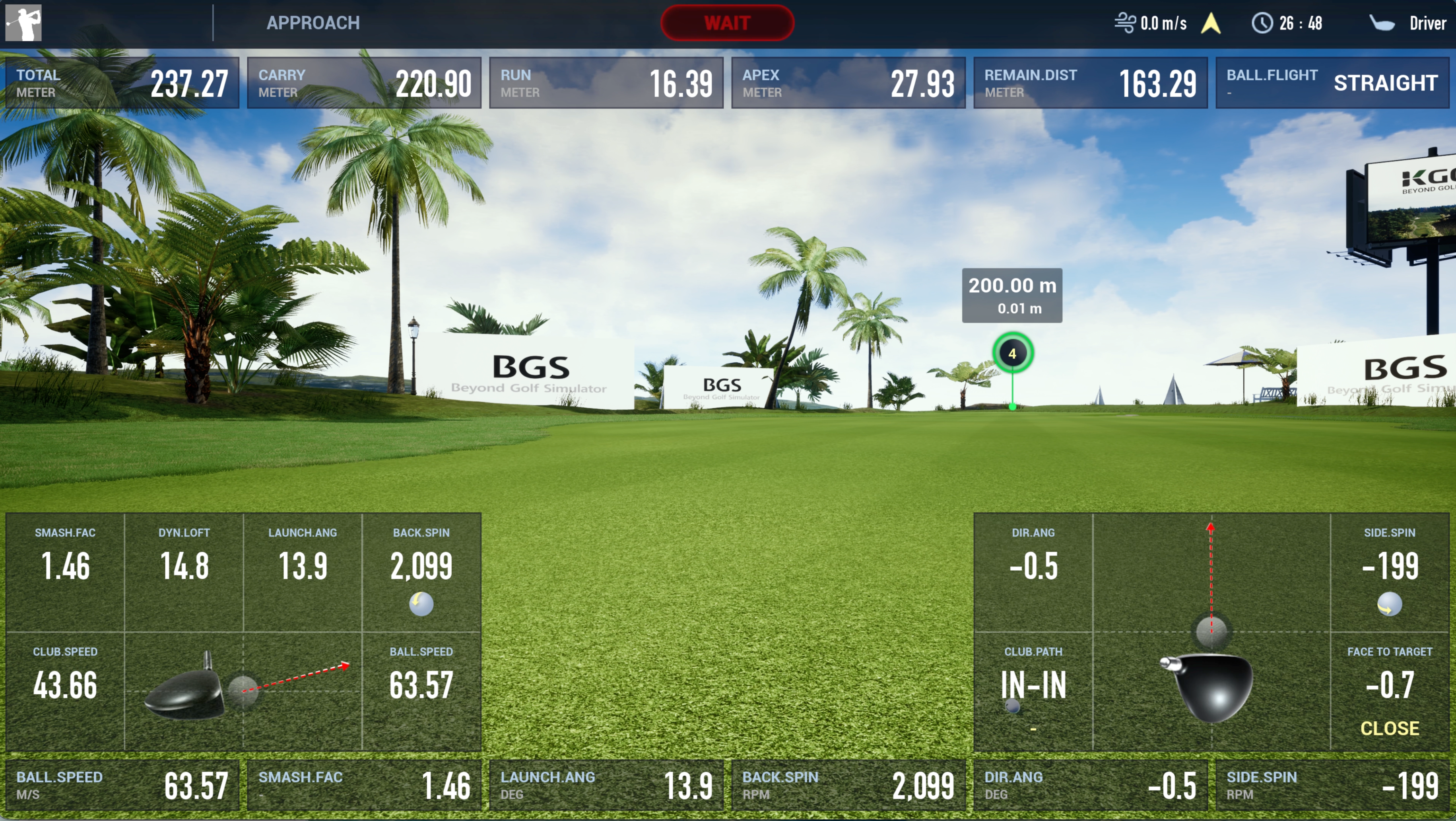 K-GOLF Launch Monitor showing club path, face direction and ball flight data