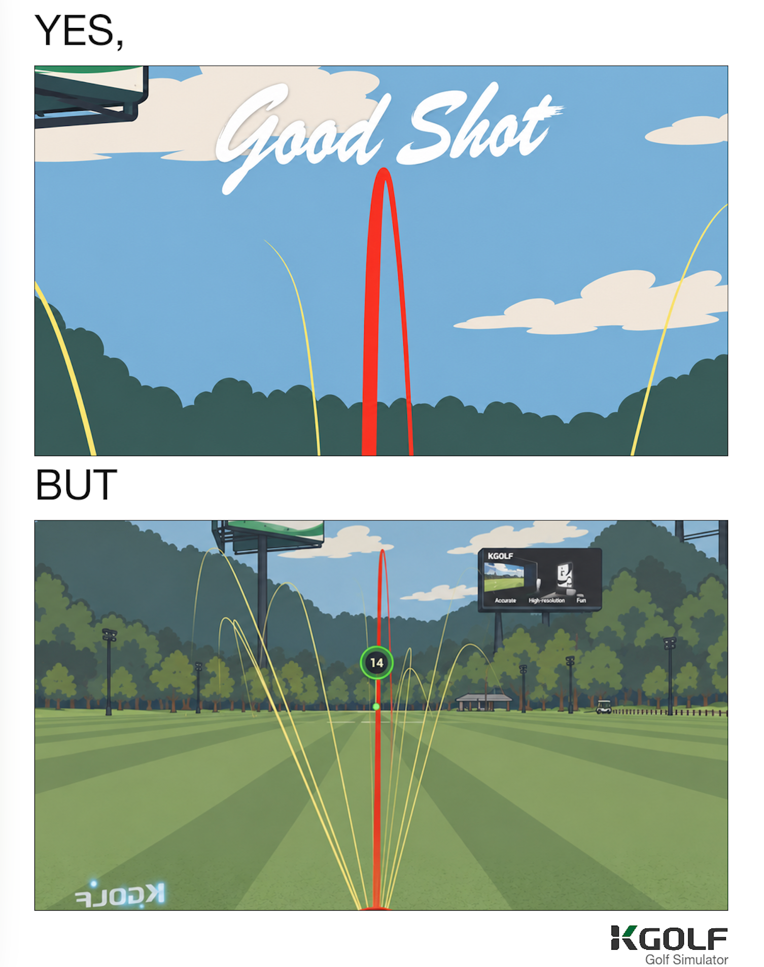 One straight shot among several practice trajectories.