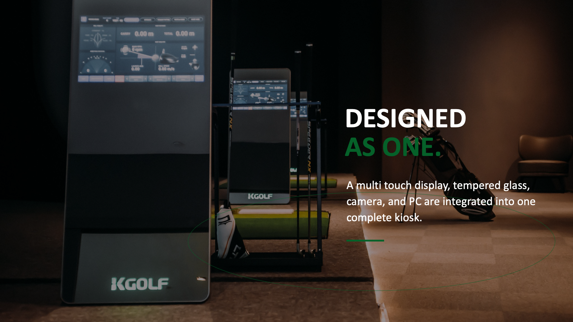 K-GOLF S-Type kiosks installed across indoor golf simulator bays.