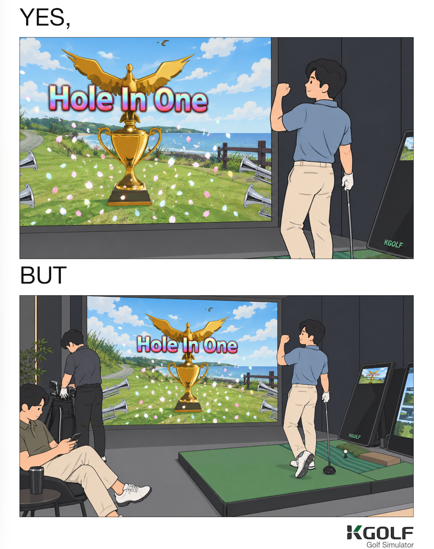Golfer celebrating a hole in one as friends look away.
