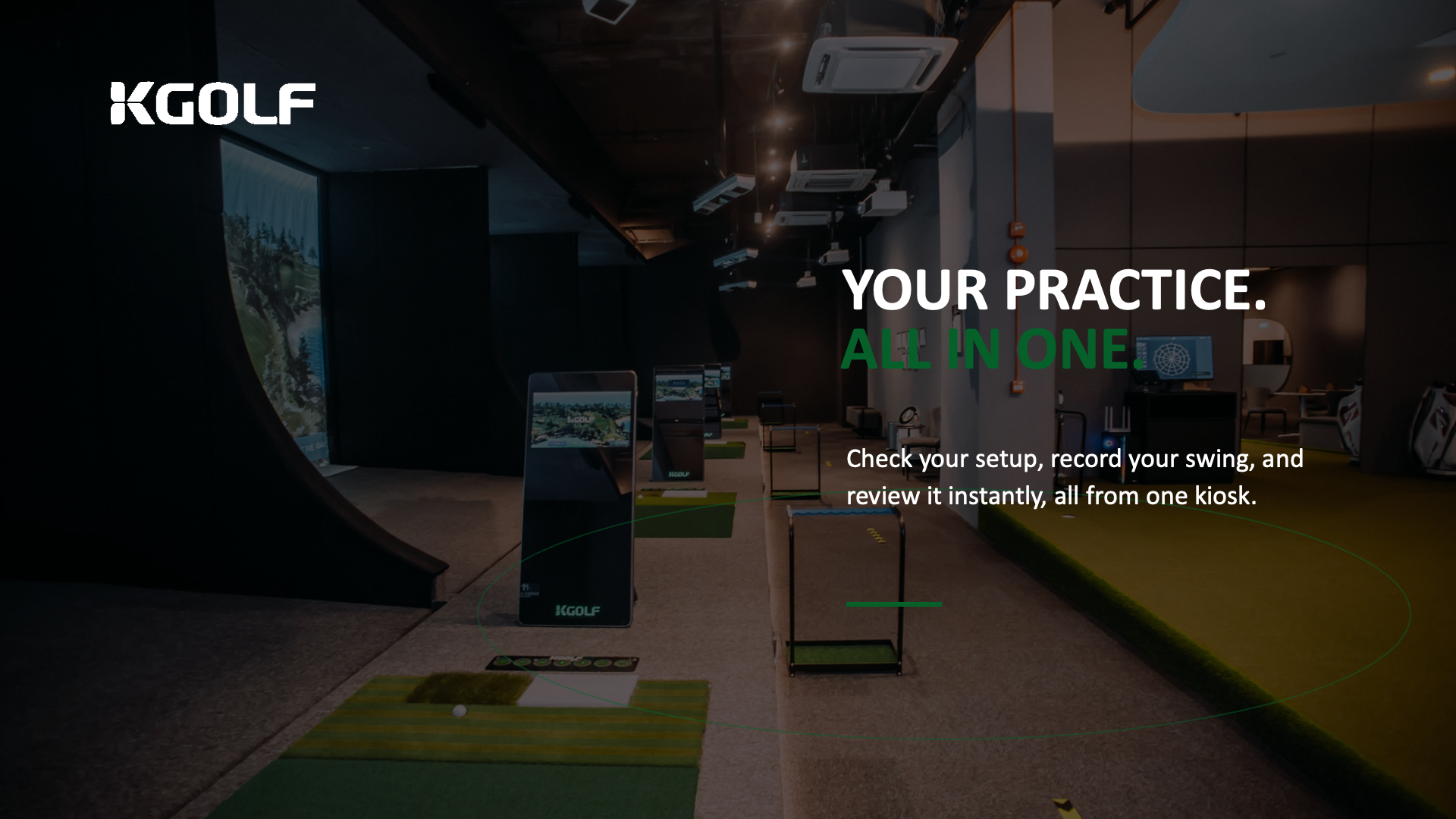 K-GOLF S-Type Mirror Kiosk in an indoor golf practice space.