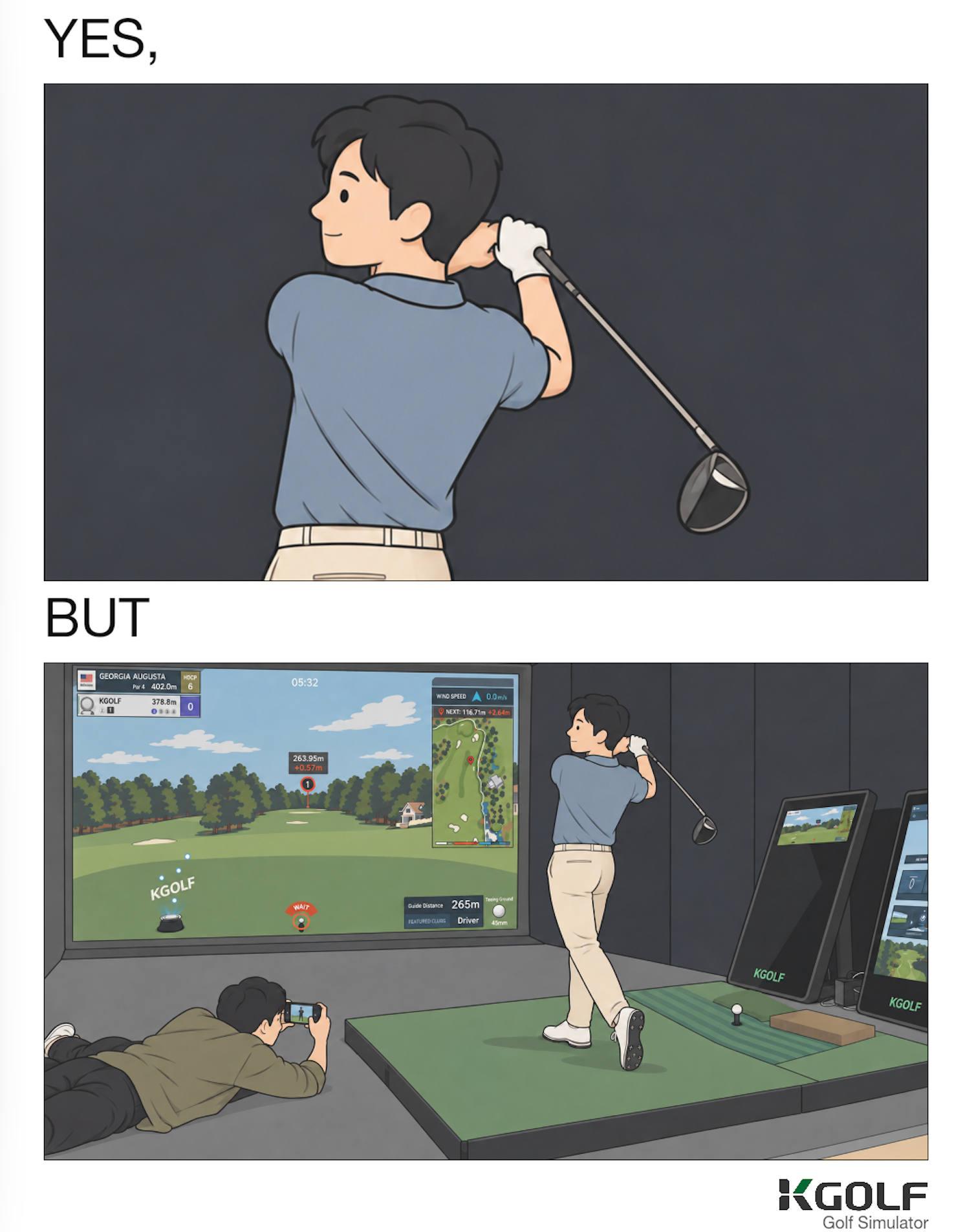 Golfer posing while a friend photographs him from the floor.
