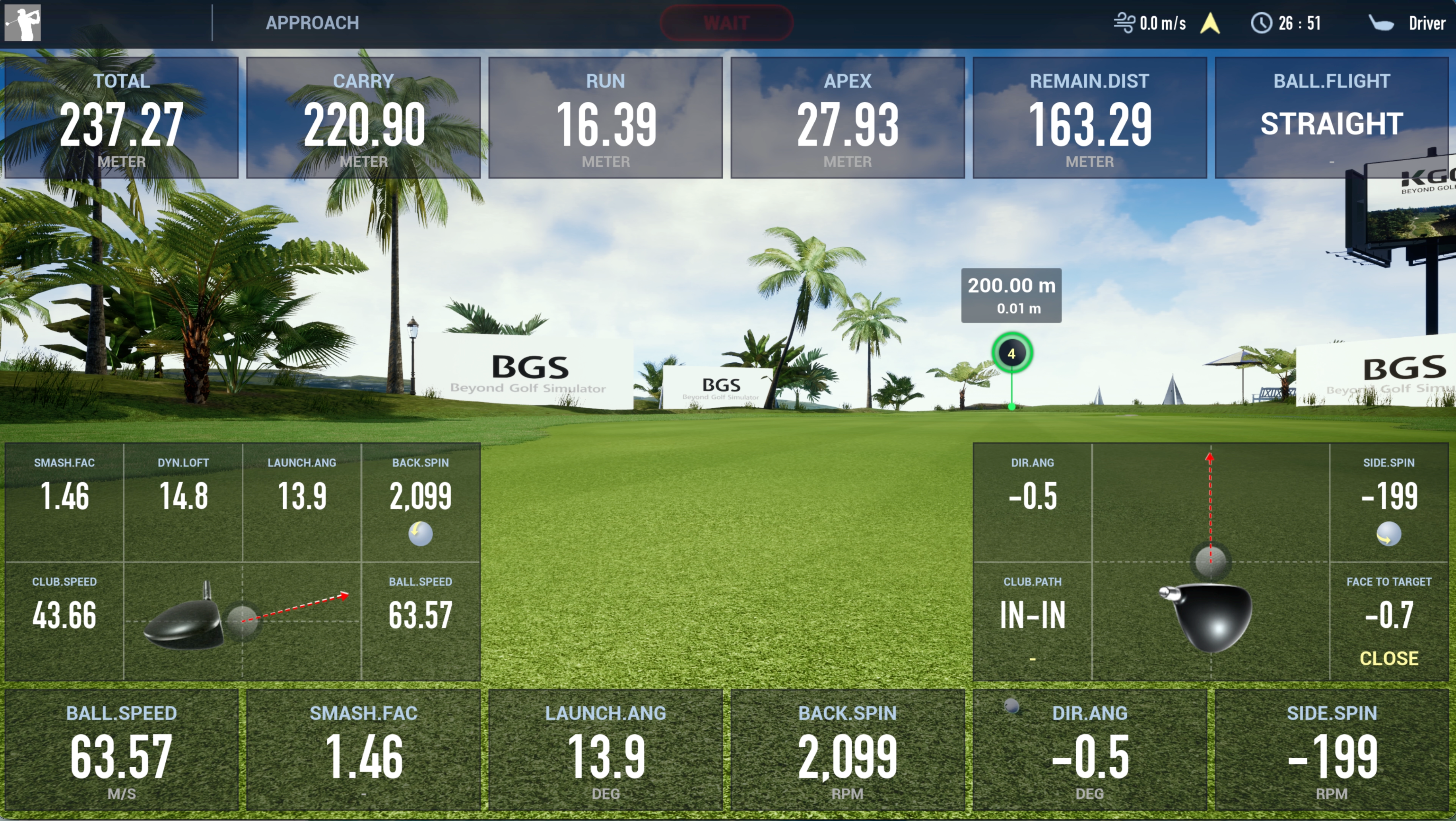 K-GOLF Launch Monitor Mode displaying golf shot and club performance data